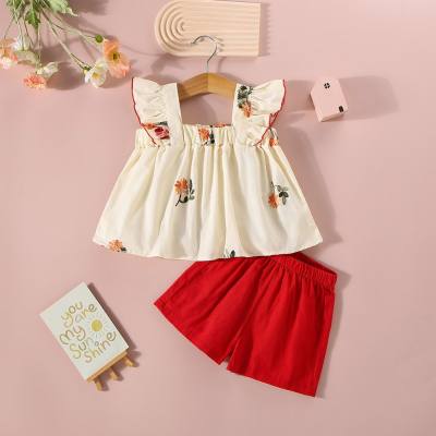 Girls suit summer new style flower print short sleeve top + solid color shorts two-piece set