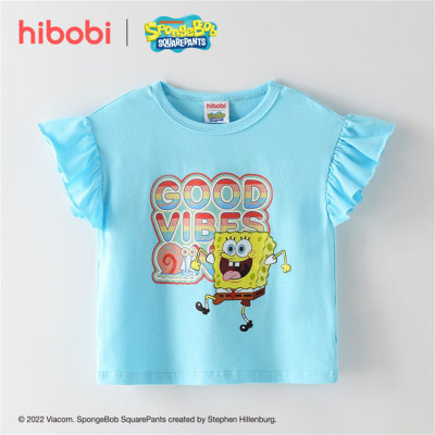 hibobi x SpongeBob Camiseta con estampado de letras de dibujos animados para niñas pequeñas