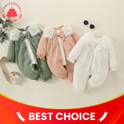 hibobi Baby Solid knitted Bow Lace Long-sleeved Long-leg Romper