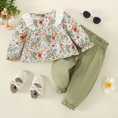 Blusa bebê floral manga longa com babados detalhados de algodão e calça legging cor sólida