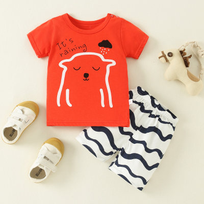 Toddler Fashion Bear Print T-shirt & Stripes Pants