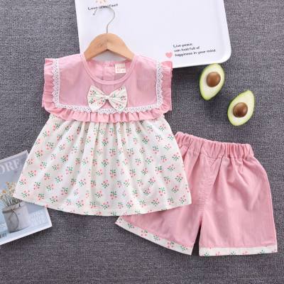 Summer new style girls lapel Polo shirt short-sleeved suit baby girl casual denim shorts two-piece trendy set