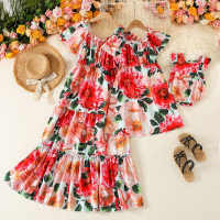 Mom Baby Clothes Sweet Floral Print Puff Sleeve Long Dress  أحمر