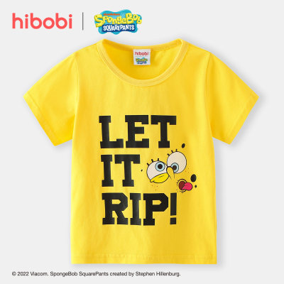 hibobi x Bob Esponja niño pequeño casual linda letra impresa cuello redondo camiseta de algodón