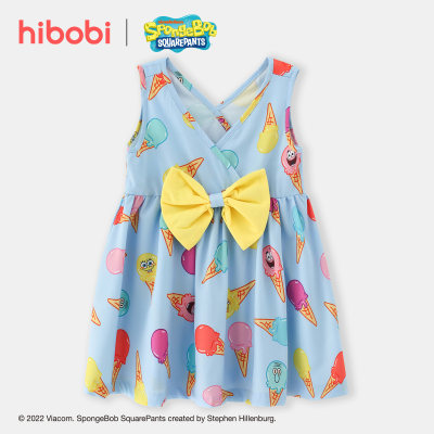 Hibobi x Bob Esponja Vestido de dibujos animados con estampado dulce para niñas pequeñas