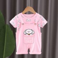 Girls summer short-sleeved suit new style baby full print lamb overalls girl baby summer two-piece suit  Pink