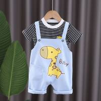 Summer new boys round neck striped casual short-sleeved denim fawn overalls baby baby two-piece suit  Black