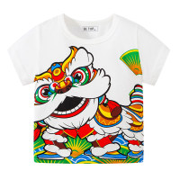 Ropa para niños, camiseta de manga corta con estampado de gato de la suerte, León, koi, estilo chino, top festivo de Año Nuevo  Blanco