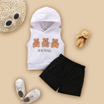 Baby Boy Bear Letter Pattern Hooded Sleeveless T-Shirt & Shorts