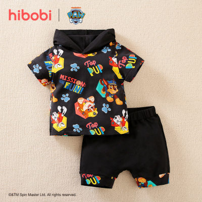 هيبوبي × باو باترول Baby Boy Cartoon Print Short Sleeve Cotton Hooded T-Shirt and Pants Set