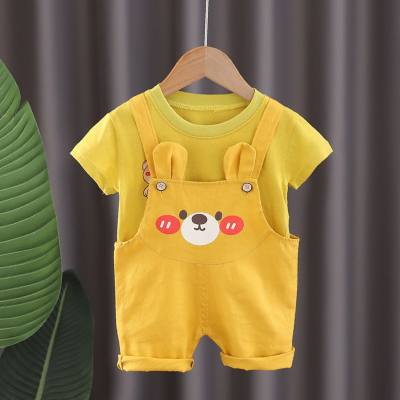 Girls summer short-sleeved solid color suit new style cartoon bear overalls baby summer two-piece suit