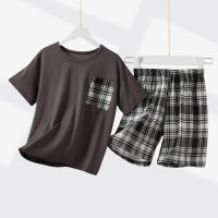 New style trendy two-piece suit for boys and middle-aged children, shorts, home clothes and pajamas  Gray