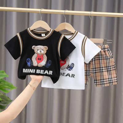 Commercio estero 2022 estate versione coreana di abbigliamento per bambini ragazzi orso cartone animato a maniche corte in due pezzi abbigliamento estivo pantaloncini per bambini vestito alla moda
