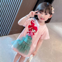 Girls Summer and Autumn Clothes 2023 Western Style Korean Style Mid-Length T-Shirt Skirt Girls Short-Sleeved Cotton Top T-Shirt  Pink