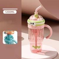 Large capacity cup for summer use, high-value student big belly cup, portable handle with straw water cup plastic cup  Multicolor