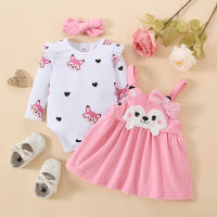 2-piece Baby Girl Fox Printed Long Fly Sleeve Romper & Solid Color Fox Style Bowknot Decor Strap Dress  Pink