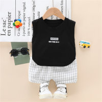 Toddler Boy Letter Print Wing Pattern Sleeveless Top & Plaid Shorts  Black