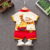 Children's clothing children's suit boys and girls children's Tigger cartoon bear lapel color matching short-sleeved shorts baby two-piece suit  Red