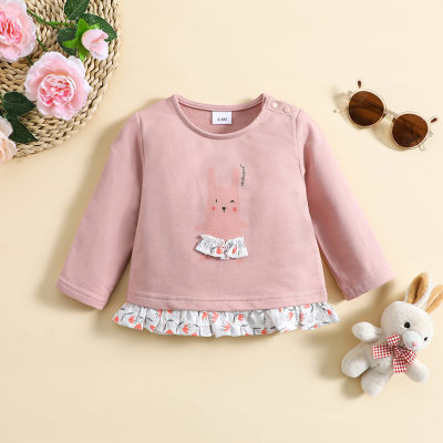 Camiseta de manga comprida com estampa de coelho de puro algodão estampa floral bainha patchwork bebê menina