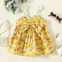 Baby Girl Allover Floral Printed Bowknot Decor Cami Dress  Yellow