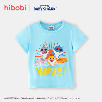hibobi x Baby Shark Niño pequeño Algodón básico Impresión de dibujos animados Mangas voladoras Camiseta azul