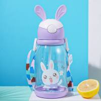 Deer horn rabbit ear water cup straw cup cartoon children's plastic cup with strap portable large capacity outdoor cup  Purple