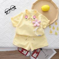 Summer new girls floral lapel short-sleeved suit baby girl casual shorts two-piece set  Yellow