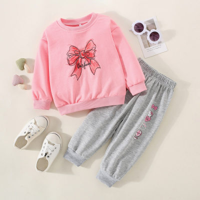 2-piece Toddler Girl Bowknot Printed Long Sleeve Top & Hello Kitty Style Pants