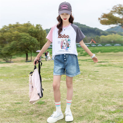 Summer cartoon cotton short-sleeved shorts two-piece suit casual style girls big children's clothing travel matching