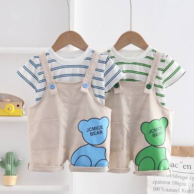 New style boy's round neck striped casual short-sleeved denim bear overalls summer solid color baby outdoor suit