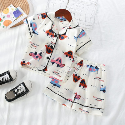 2-piece Toddler Boy Satin Silk Allover Vehicle Printed Short Sleeve Top & Matching Shorts