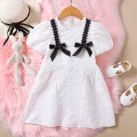 Toddler Girls Umbrella Skirt Bow Elegant Puff Sleeve Top Dress - Hibobi