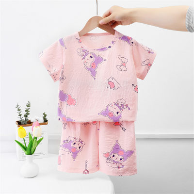 Girls Pajamas Bubble Cotton Short Sleeve Thin Set Girls Baby Children's Home Clothes Outer Wear
