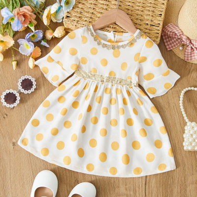 hibobi Baby Girl Gold Polka Dot Fabric Patchwork Sequin Webbing Dress