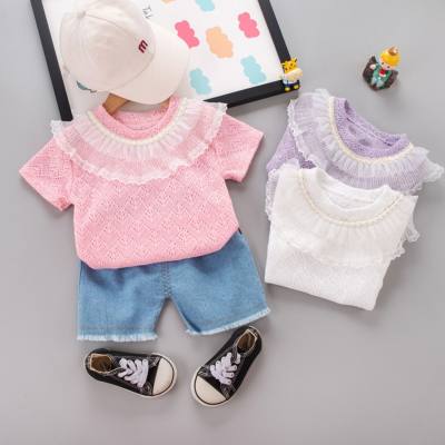 Summer new style girls hollow lace short-sleeved suit baby girl casual denim shorts two-piece set dropshipping