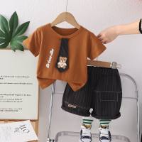 Boys summer short-sleeved suit 2024 new infant children's tie bear cartoon baby summer clothes handsome two-piece suit trendy  Coffee