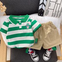 Dropshipping boys' casual pants, shorts, summer clothes, children's lapel striped POLO shirts, short-sleeved children's clothing two-piece set  Green