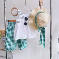 Conjunto de dos piezas con top con tirantes para niñas de verano + pantalones casuales a cuadros con sombrero  Blanco