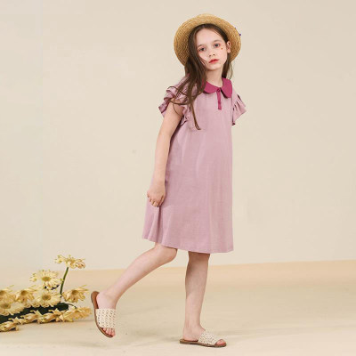 Girls' new summer dress, doll collar, flying sleeves, pure cotton, contrasting color, children's polo skirt, mid-length skirt, fashionable and sweet