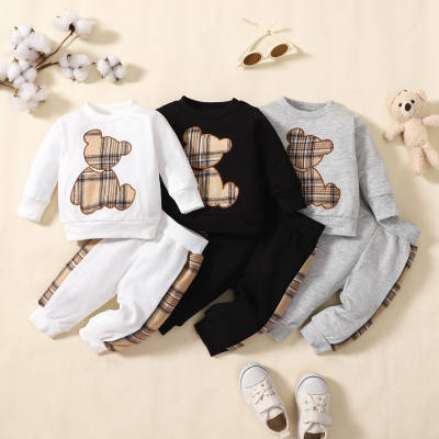 2-piece Baby Boy Plaid Bear Patchwork Long Sleeve Top & Plaid Patchwork Cropped Pants