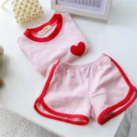 Summer Girls Sports Suit Baby Internet Celebrity Trendy Children's Color Matching Love Cute Two-piece Suit  Pink