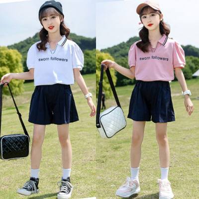 Summer girls fashion suits summer clothes for middle and large children short-sleeved Polo collar tops and shorts student sportswear two-piece suit