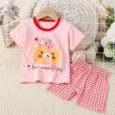2-piece Toddler Girl Pure Cotton Plaid Floral Printed Short Sleeve T-shirt & Matching Shorts