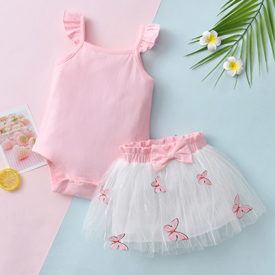 Baby Girl Solid Colour Ruffle-sleeve Bodysuit And Butterfly Mesh Skirt