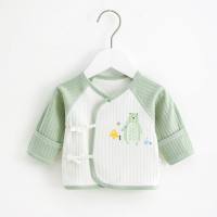 Four seasons new double layer belly protection baby single top pure cotton jacquard vertical stripes newborn baby half back top  Green