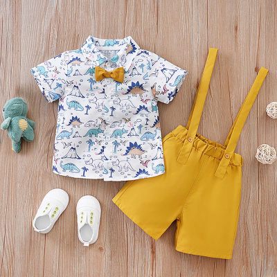 Toddler Boy's Gentleman Style Dinosaur Print Shirt And Overalls Shorts Set