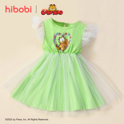 hibobi x Garfield طفل صغير حلو لطيف طباعة كارتون شبكة تنحنح فستان بأكمام