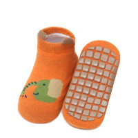 Calcetines antideslizantes con patrón de animales de dibujos animados de algodón puro para bebés  naranja