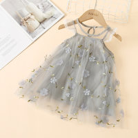 Toddler Girls Mesh Sweet Floral Embroidery Lace Short Sleeve Dress  Gray