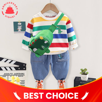 Toddler Stripes Dinosaurs Printed Color-block Sweater & Pants & Crossbody Shoulder Bag